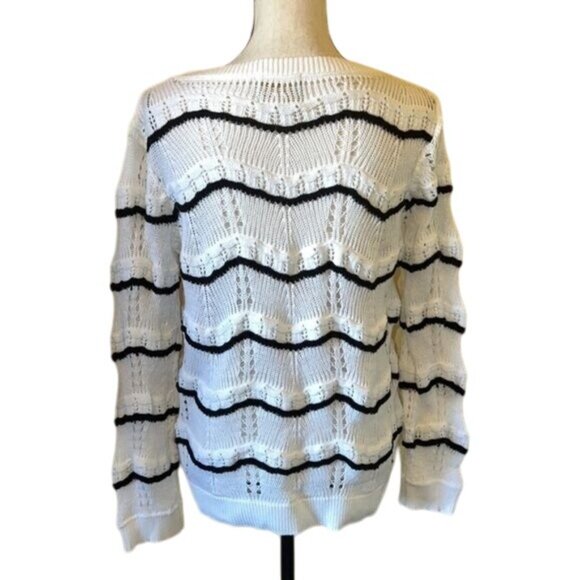 Skies Are Blue Open-Knit White & Black Striped Long Sleeve Sweater Womens Size L - Picture 2 of 13